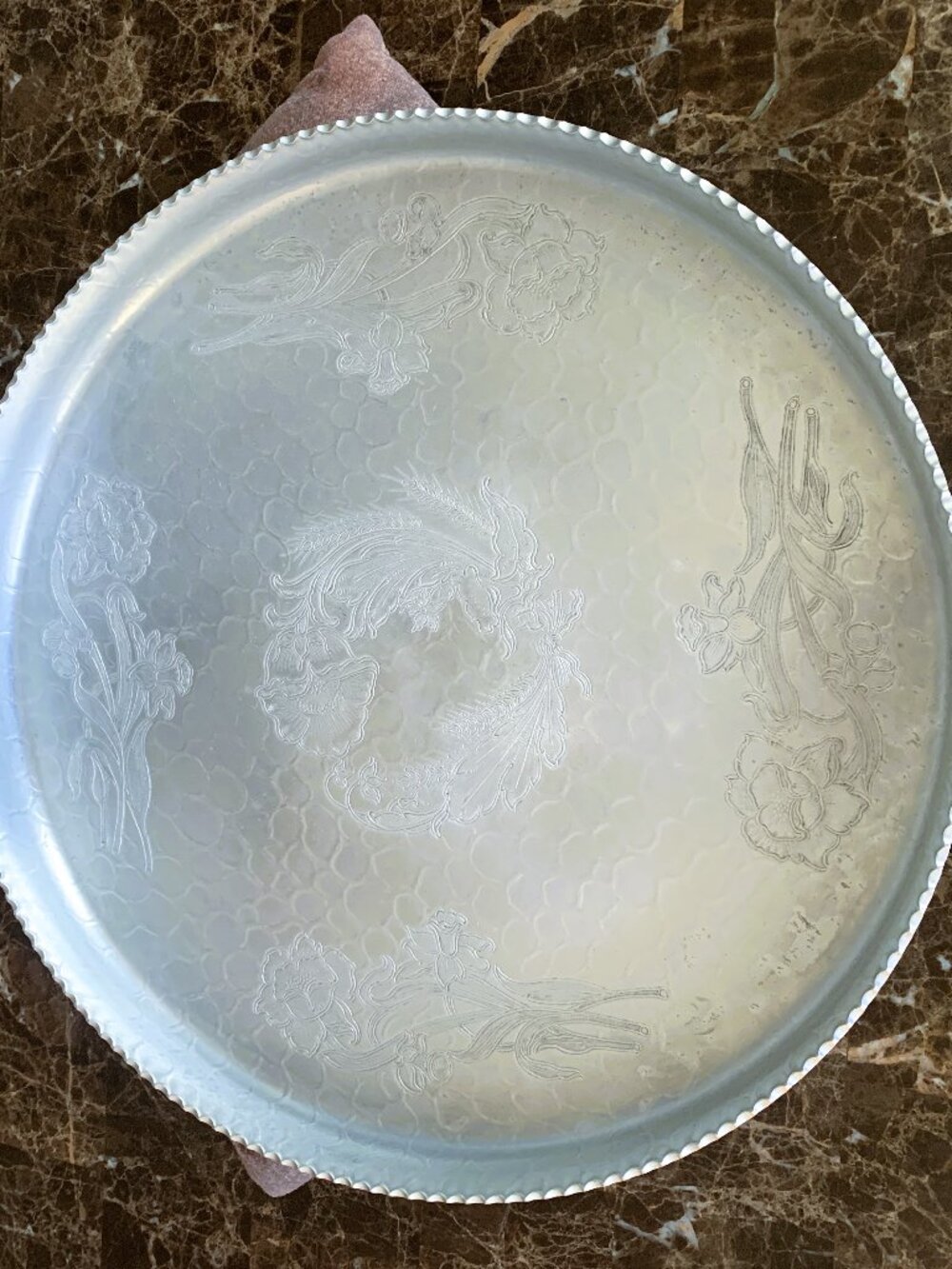 PLATE - 18” Hand Wrought Aluminum Serving Tray Platter Sawtooth floral punch
